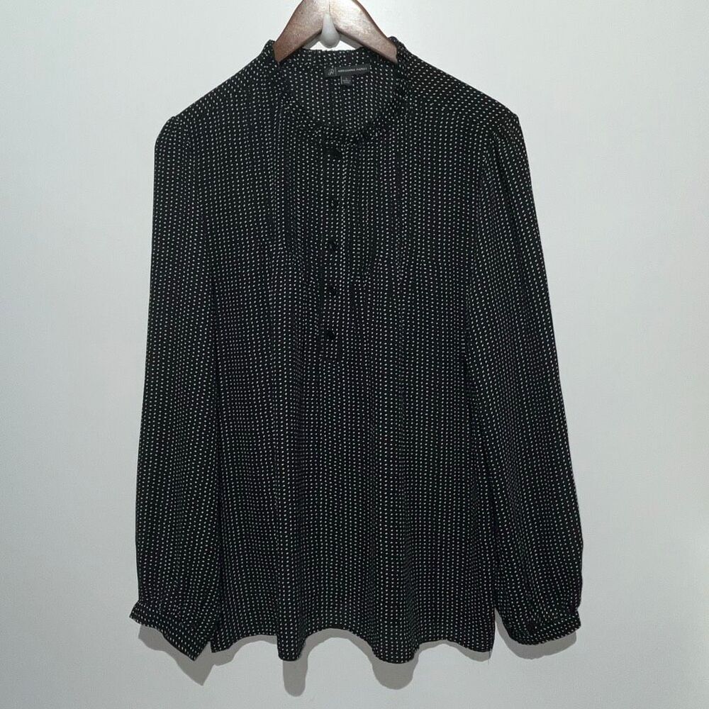 Adrianna Papell Black White Polka Dot Half Button Long‎ Sleeve Blouse Large